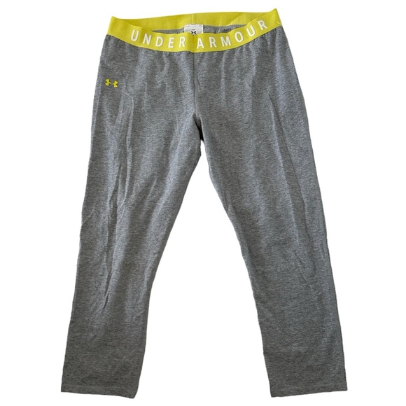 Under Armour Capri Style Grey Workout Leggings With Yellow Wasteband Large - Picture 1 of 8